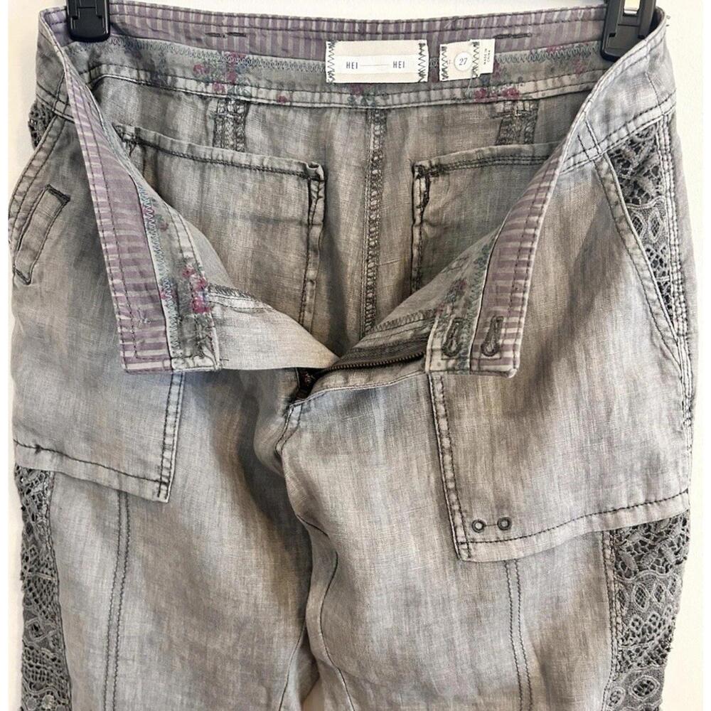 Anthropologie Hei Hei Linen Pants Women's  Marlena Crop Lace Crochet Gray Sz 27 - Picture 6 of 8